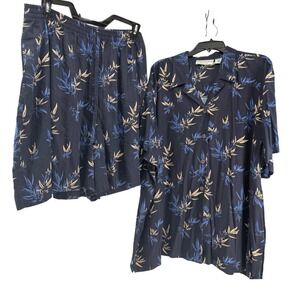 VTG Boca Classic Button Up Shirt Short Set Women 3X Navy Tropical Coastal Resort